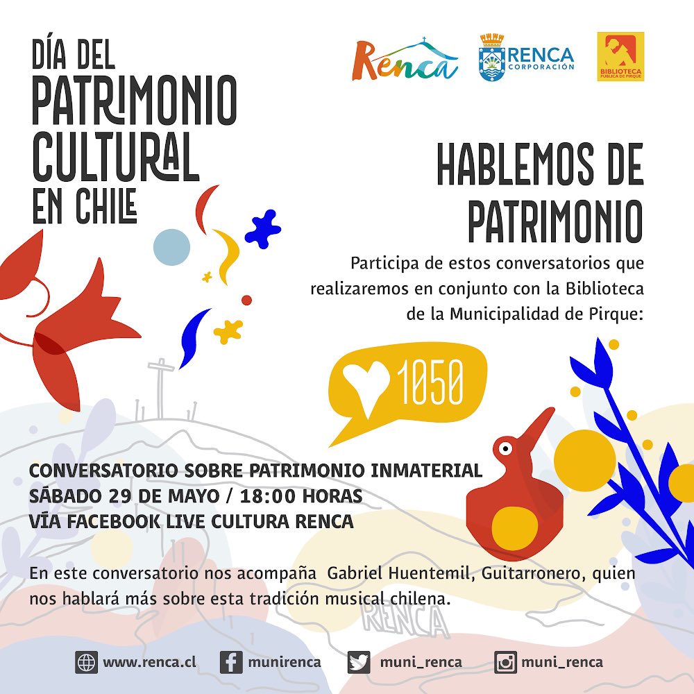 Este año volvemos a celebrar el día del patrimonio cultural a distancia pero con la misma energía y cariño. Los dejamos muy invitados a ser parte de los conversatorios vía #FacebookLive que hemos preparado junto a la Biblioteca Pública de Pirque. #DíaDelPatrimonioCultural