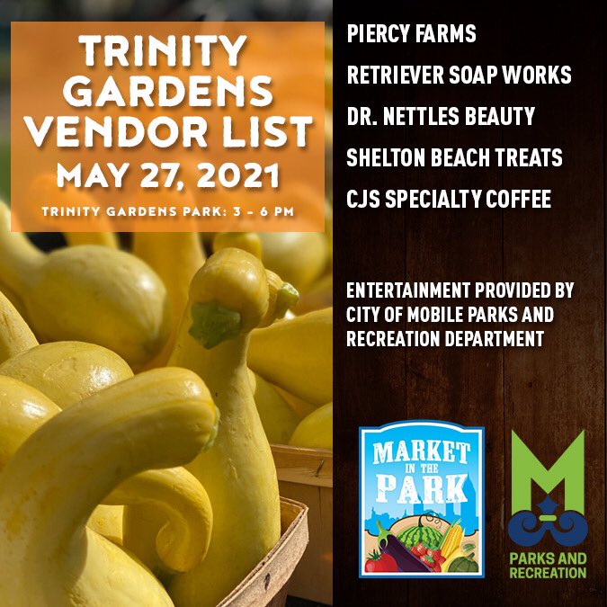 Check out the vendor list for this Thursday's Market in the Park at Trinity Gardens Park! Join us from 3-6pm for fresh produce, locally harvested honey, handmade soaps/lotions, natural beauty products, baked goods, specialty coffees and more! 
fb.me/e/imNPsQ9hR
#MITPMobile