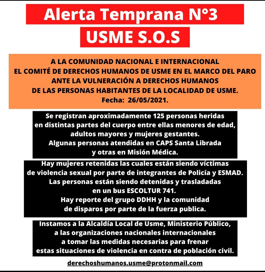 HelberthChoach1's tweet photo. 🛑 Grave reporte de DDHH en la localidad de Usme:
- Más de 125 personas heridas entre ellos niños y misión médica
-Traslado irregular en la empresa Escoltur
- Denuncia de violencia sexual
Se requiere protección inmediata 👇 https://t.co/bwkmbTjjRQ