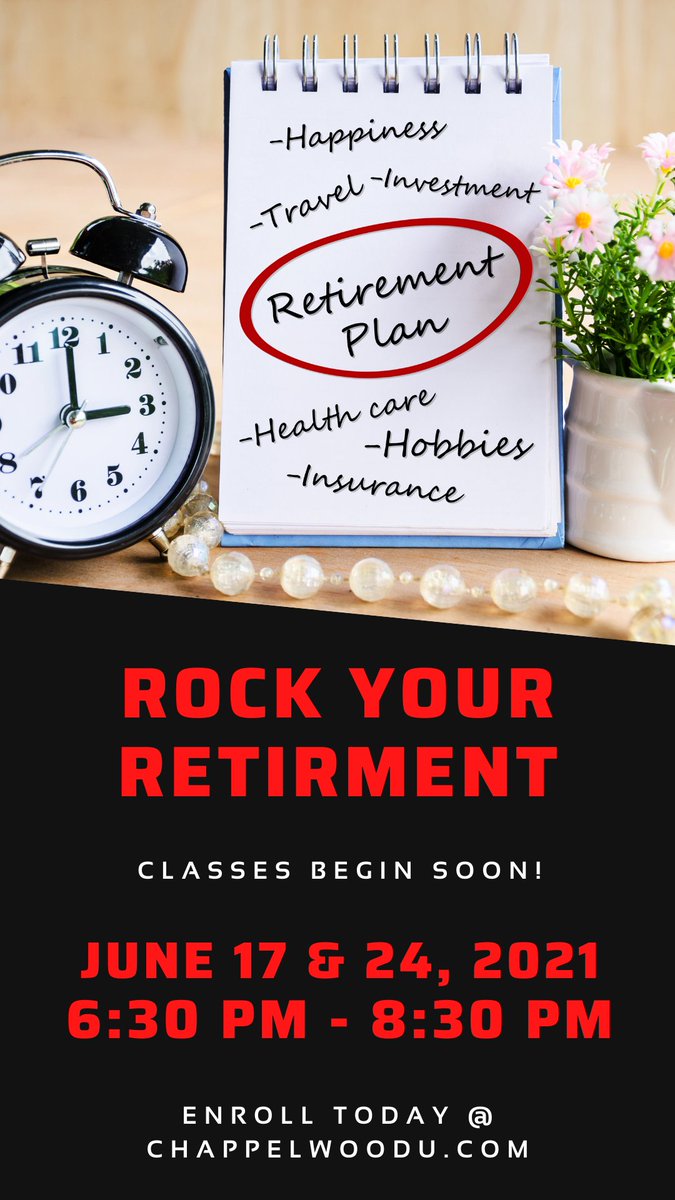 damonmking1's tweet image. Don't let time run out to plan for retirement. Enrollment for our June 2021 Rock Your Retirement course is now open!

bit.ly/2PqtPx0

#RetirementExpert #RetirementPlanning #InsurancePlanning #EstatePlanning #Medicare #SocialSecurity #RockYourRetirement