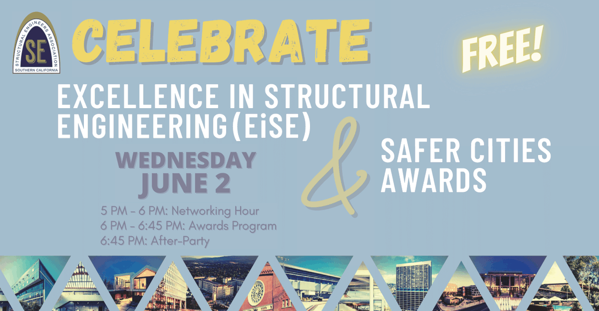 SEAOSC's tweet photo. Don't forget! Join us Wed. for our #SaferCities and #EiSE Awards on June 2nd from 5-7:30 p.m. Virtual networking starts at 5 p.m. Click the link to register for this free event: https://t.co/KUCGsiZ6wL
#SEAOSC #SEAOC #Awards #ExcellenceinStructuralEngineering #SouthernCalifornia https://t.co/EJZAnlYpVx