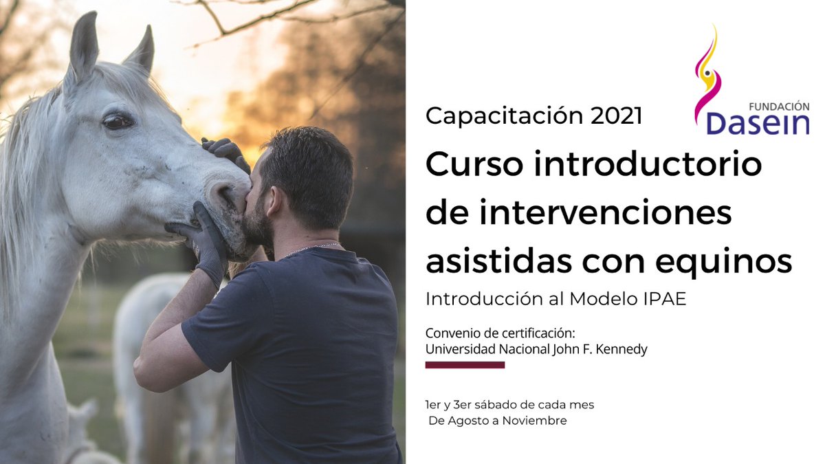 En #agosto comenzaremos nuestro Curso introductorio en intervenciones asistidas con equinos en <a href="/FDasein/">Fundación Dasein</a>. Certificada por <a href="/somoslakennedy/">Universidad Kennedy</a> . Podés inscribirte aquí: forms.gle/g6ELEA91iVM2TR… Te esperamos!