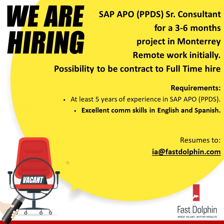 fastdolphin's tweet image. #hiring #SAPAPO #SAPAdvancedPlannerAndOptimizer #SAPAPOConsultant #SAPPPDS #ITJob for a 3+6 month project in Monterrey (remote work initially). English required Apply: ia@fastdolphin.com
