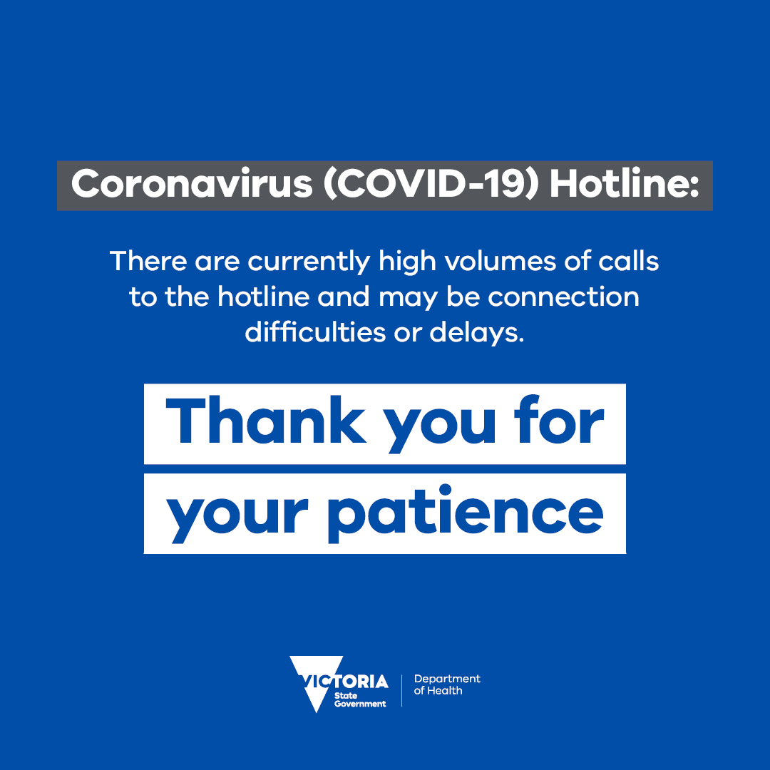 VicGovDH's tweet photo. Callers are currently having difficulty accessing the Victorian Coronavirus Hotline. 

We are working with the service provider and will advise as soon as this issue has been rectified. https://t.co/AlTyZPcbgJ