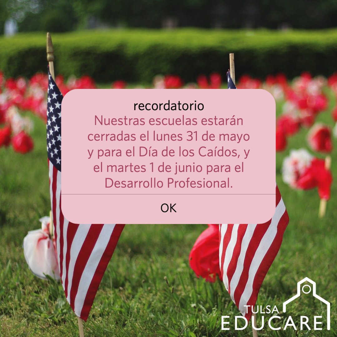 Just a reminder that our schools will be closed on Monday, May 31st for Memorial Day and Tuesday, June 1st for Professional Development.