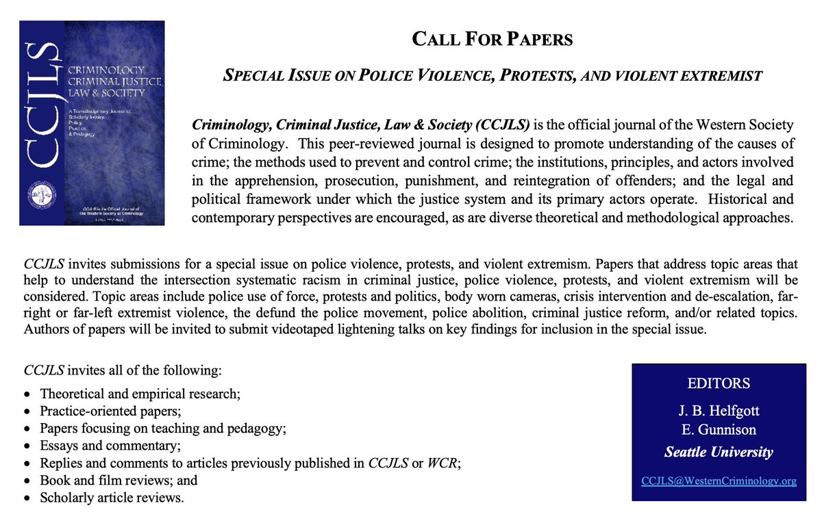 wscccjls's tweet photo. Just a reminder: Submit your scholarly papers to CCJLS! The deadline for the August special issue is June 1st. Submit manuscripts electronically at: https://t.co/TwYWrfGBSw… #COADO #openaccess 
@WSCriminology
 
@ASCWomenCrime
 
@ACJS_National
 
@WACJRegion5
 
@ASCCriticalCrim https://t.co/uAXbCTR4q6