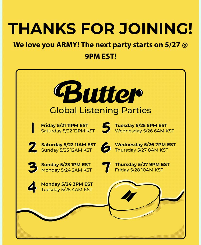 BANGTANSG's tweet photo. [ 🎶] BTS - GLOBAL LISTENING PARTIES #6

The end of Listening Party #6 ! Hope you guys had fun! BTS Morning Jam~ Tune in to final Listening Party #7 on Friday 28/5 9AM SGT!

See you guys on TGIF 😉💛

#BTS #BTSARMY #BTS_Butter  
#GlobalStreamingParty @BTS_twt https://t.co/h8anB6D7X0