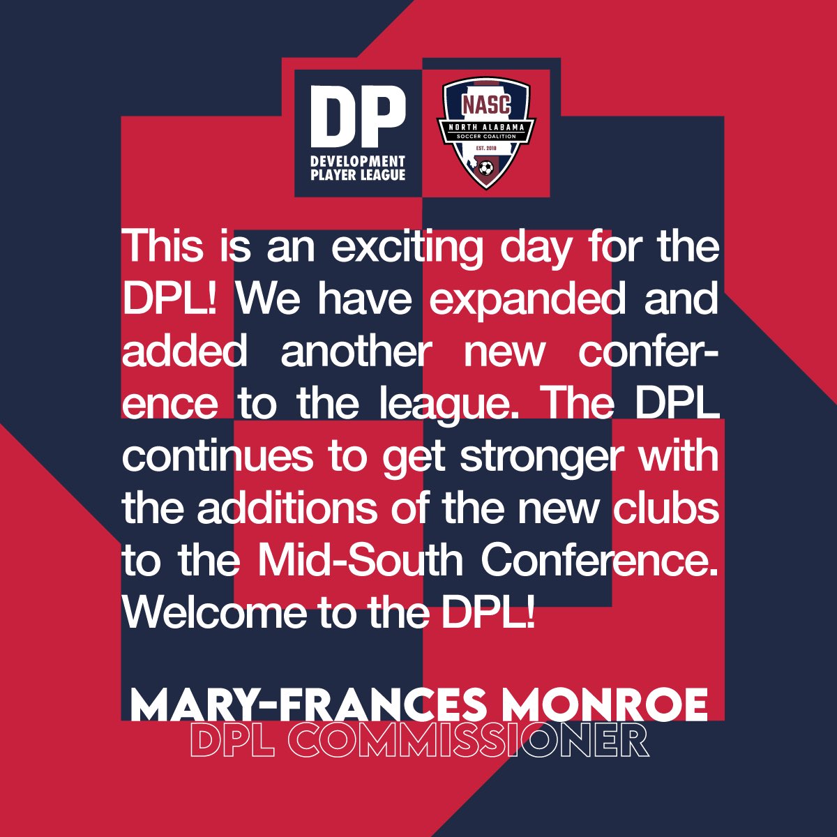 DP_League's tweet photo. 🚨 New Club Alert 🚨 
Welcome to the DPL @northalabamasc . The DPL will be the top level league for their girls side. Looking forward to seeing you compete in our new Mid-South Conference. #DPLWelcome #EverythingEarned #NothingGiven #TheJourney https://t.co/f1uOP5LKXd