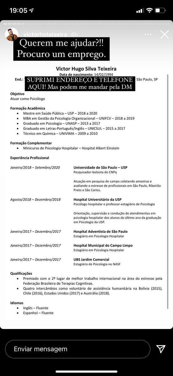 Gente, o Victor Hugo do bbb 20 é um dos milhares de brasileiros que precisam de um emprego, quem puder ou souber alguma forma de ajudar ele, segue em anexo o currículo dele!