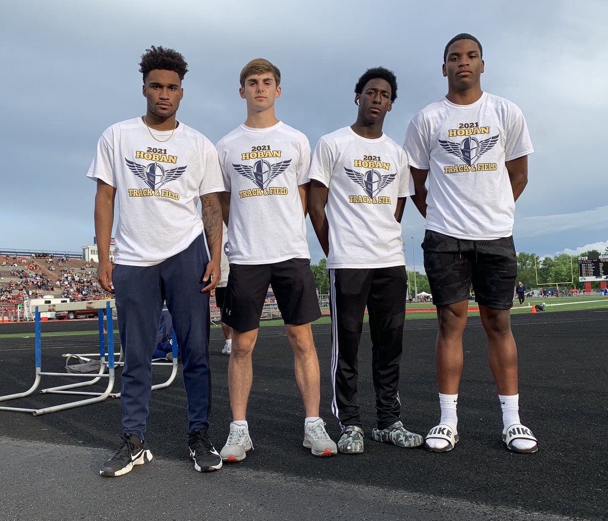 Advancing to the NEO Regional finals on Friday - your Hoban 4 x 100m Relay team - Markim McKinnie, Jack Houck, Xavier Williams, Rickie Williams. Congrats!