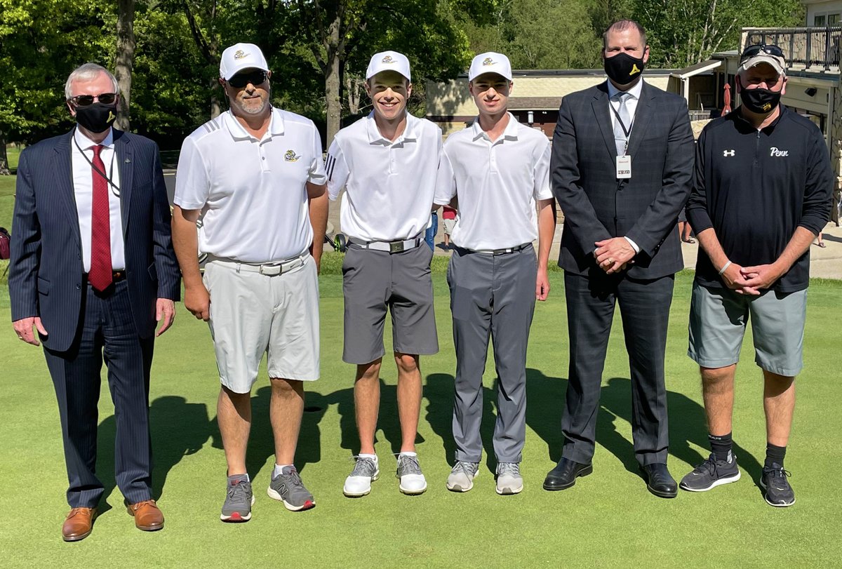.<a href="/PHMschools/">Penn Harris Madison</a> Supt. Dr. Jerry Thacker, COO Aaron Leniski, Penn Athletic Director Jeff Hart &amp; Penn Golf Head Coach Tony Polizzotto celebrate Senior Night with Kingsmen Seniors Keenan Donze &amp; Jonah Kumfer.