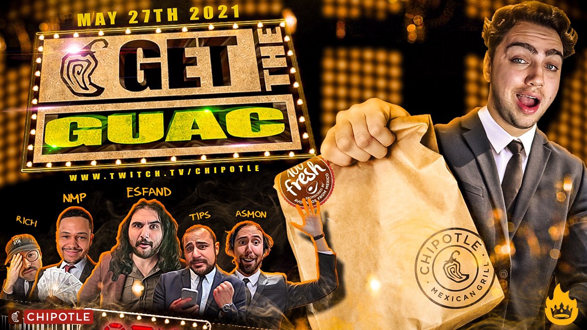 OTKnetwork's tweet photo. OTK x Chipotle Present:

"GET THE GUAC!" 🥑

We are teaming up with @ChipotleTweets tomorrow to bring you a live gameshow experience ft. special guests! #Sponsored 

Thursday, May 27th @ 1:30PM CST
https://t.co/XYU1gz7BPR https://t.co/pXsdJun0DR