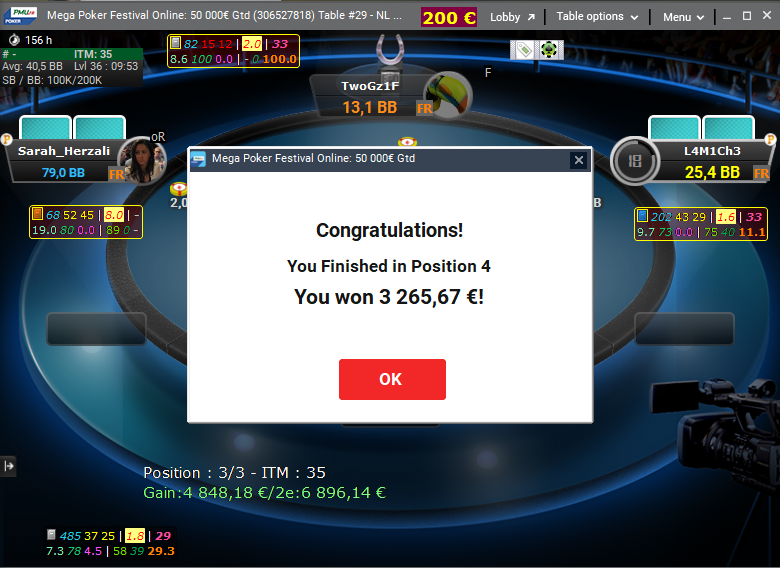 DavyFradet's tweet photo. Eh bien ce sera une frustrante 4e place pour moi, mais voyons le positif, j'ai gardé mon invitation ! GG @Sarah_Herzali belle partition de poker ! https://t.co/VsCVZ7i2ue