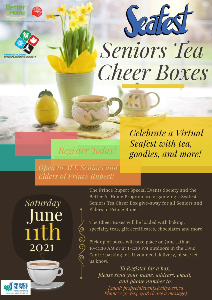 Calling all seniors and elders 📢 Would you enjoy receiving a #seafest Seniors Tea Cheer Box!? Email us your name, address, number &amp; email to prspecialevents@citywest.com or call and leave a message at 250-624-9116 🌦️ Know a senior??? spread the NEWS🤩🤩#tea