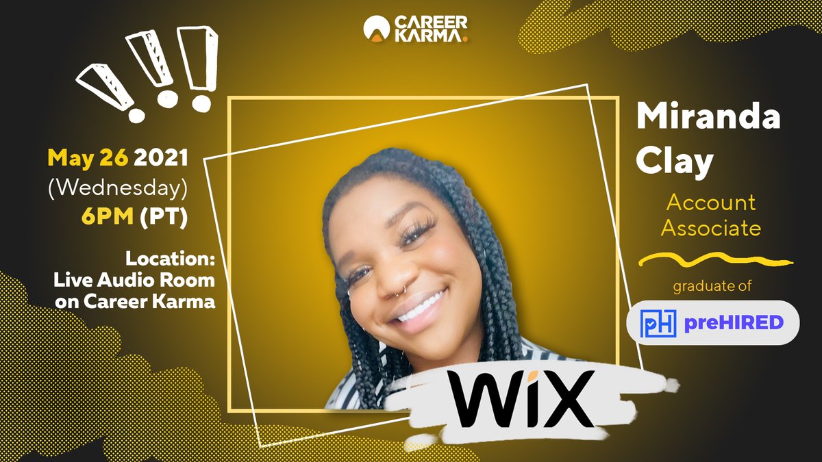 Career_Karma's tweet photo. Join us in a 🎙 Live Audio Room 🎧 inside the mobile app w/ Miranda Clay. Prior to attending @prehired she had no experience in the tech industry, now she is an Account Associate @Wix

https://t.co/0yAlr7ltoW https://t.co/0kNiGkQKkY