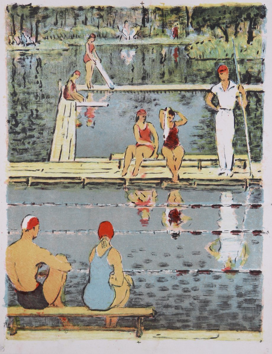 fontankadom's tweet photo. St. Petersburg #СанктПетербург 
founded #OTD 27 May 1703 
Mikhail Skulyari, Leningrad Water Stadium, 1959, Lithograph
#Leningrad #Lithography #SovietArt https://t.co/Oh6KN47VRn