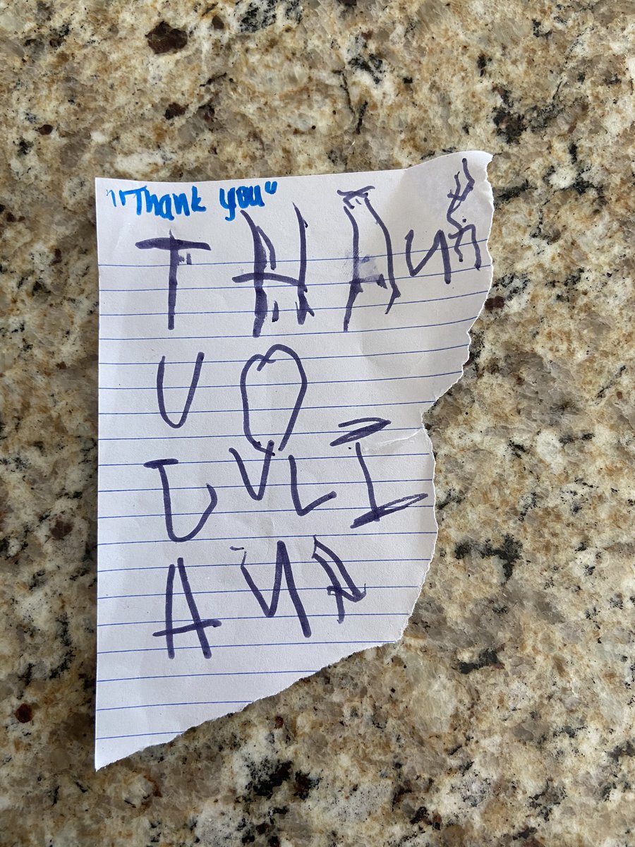 NH_StatePolice's tweet photo. While stopping for a beverage at Starbucks, a #NHSP #Trooper was handed this note from the Barista who said it was from a 👧 in the previous 🚘. 

Although it might look like scribble to some, it was the perfect way to end a shift.📝

Thank you #NH for your kind words &amp; support. https://t.co/ClE0ZmTHdK