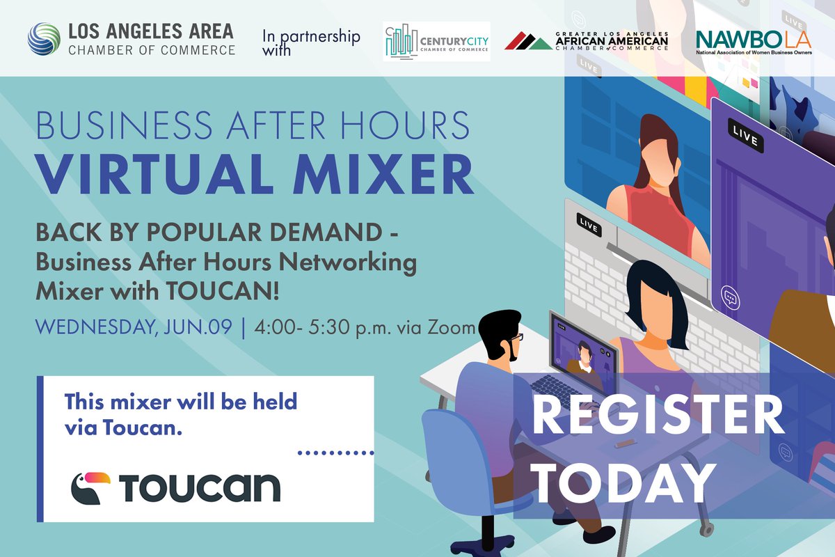 LAAreaChamber's tweet photo. Join us for our Business After Hours #VirtualMixer on June 9 at 4pm! We'll be #mixing it up via @ToucanEvents so sign up, make your profile and come #network with us!
Click here to register: https://t.co/zjq6cRAVuO https://t.co/8xitKsBiuK
