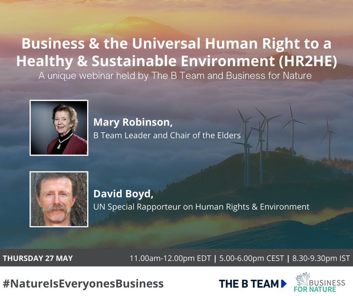Last call to register for today's webinar at 11am-12pm EDT (5-6pm CEST) on the role of business in securing the Universal Human Right to a Healthy & Sustainable Environment #HR2HE. Co-hosted by our partners at @BfNCoalition.

Sign up here: Bit.ly/HR2HE-business