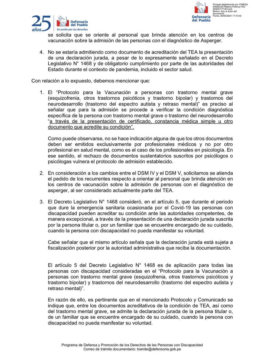 Defensoria_Peru's tweet photo. Solicitamos a @Minsa_Peru urgente solución ante impedimentos para vacunación a personas con autismo y personas con trastorno mental grave, ante incumplimiento de DL 1468 que indica que se puede acreditar diagnóstico con declaración jurada ante ausencia de documento médico. (1/2) https://t.co/mqgdxdJnL4