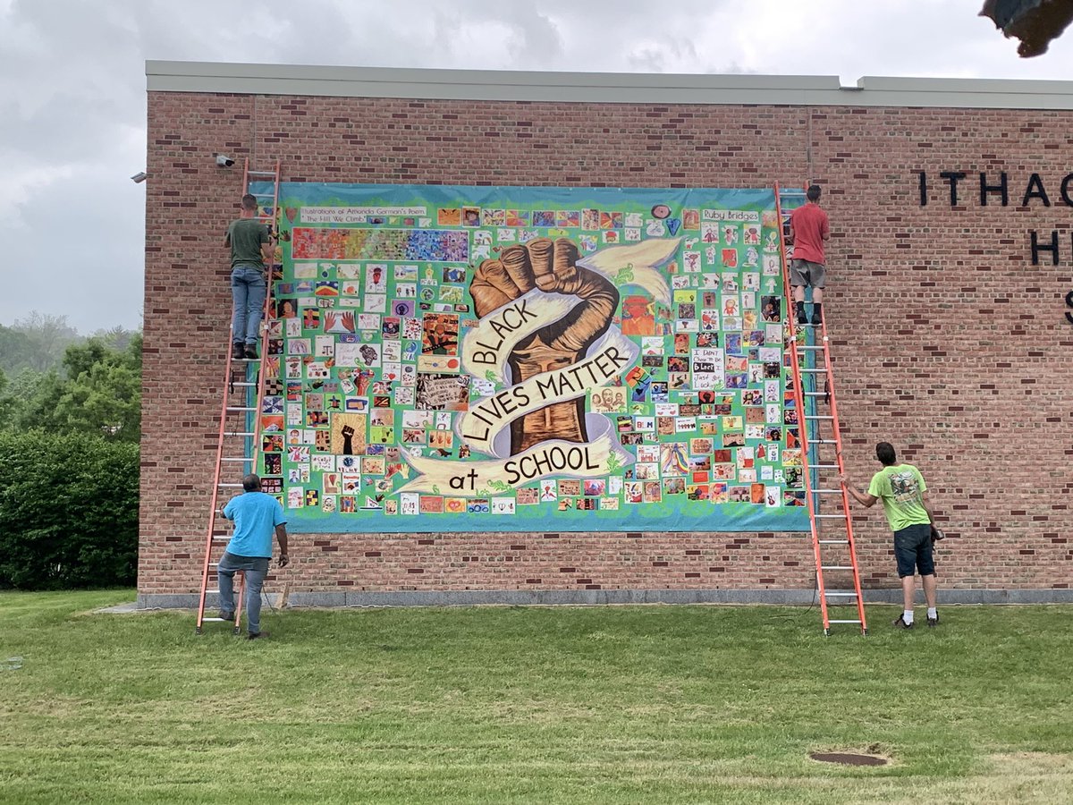 The Black Lives Matter at School mural is up! Thanks to ICSD grounds crew for putting the banner up today at IHS. A shout out, and hug, to ICSD students, district wide, who made the art! @IthacaHS_NY @IthacaNYSchools @FABGIthaca