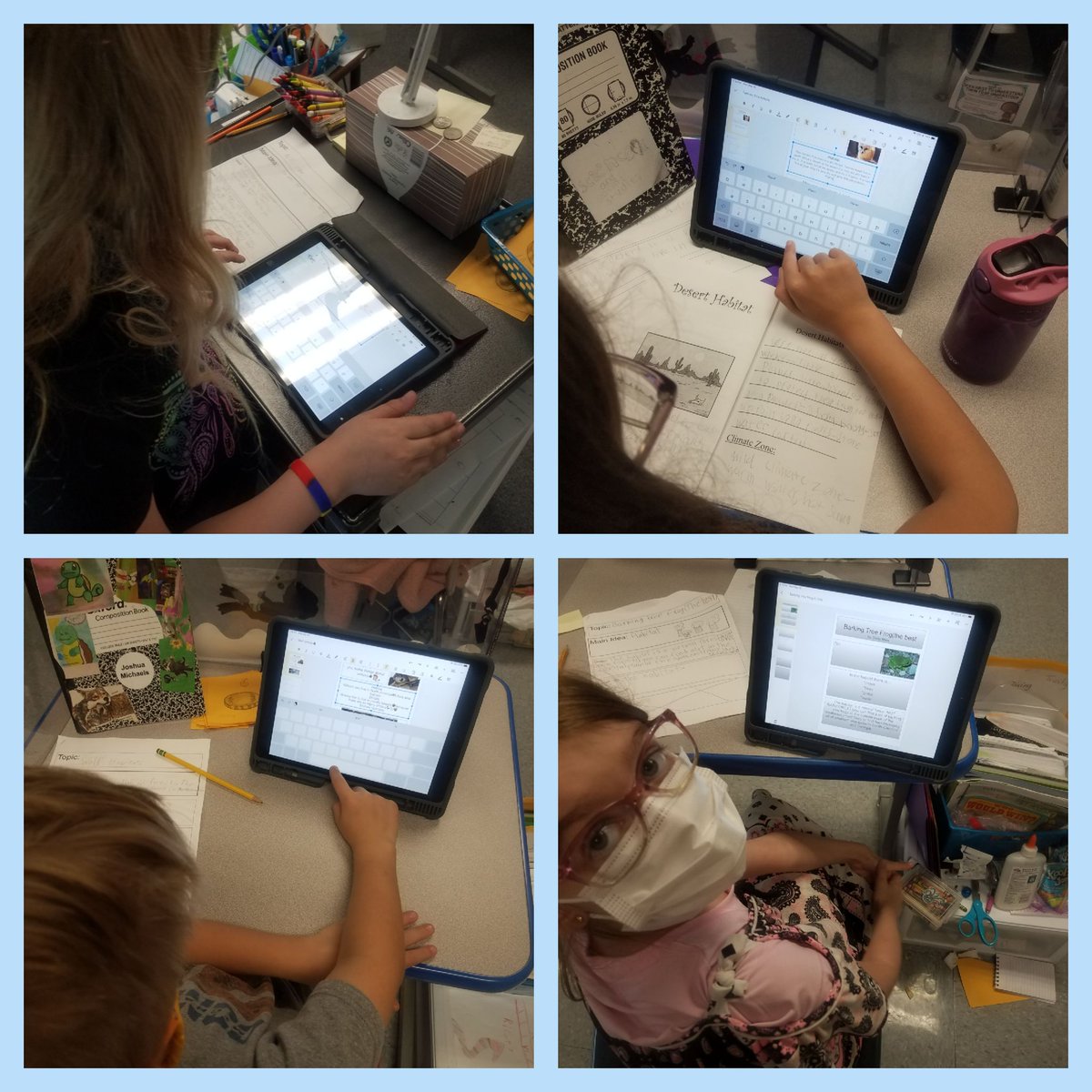SHSciLabTeacher's tweet photo. #3rdgradescientists working on nonfiction articles to share what they learned about animals in different habitats, their adaptations,  and challenges faced by the animal.  Students connecting climate zones from prior unit and geography to integrate learning. @GlendaleSH #ngsschat https://t.co/cyQCcVRgUP