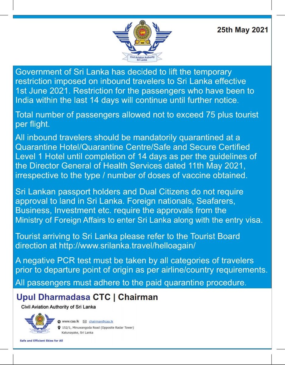 The Government has decided to lift the temporary restriction imposed on inbound travelers with effect from June1, the Civil Aviation Authority of Sri Lanka (CAASL) said.
#srilankatourism