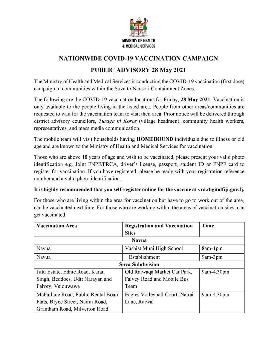 FijiGovernment's tweet photo. PUBLIC ADVISORY 28 May 2021

The Ministry of Health and Medical Services is conducting the COVID-19 vaccination (first dose) campaign in communities within the Suva to Nausori Containment Zones.

The following are the COVID-19 vaccination locations for Friday, 28 May 2021. https://t.co/8t0GLZZpiW