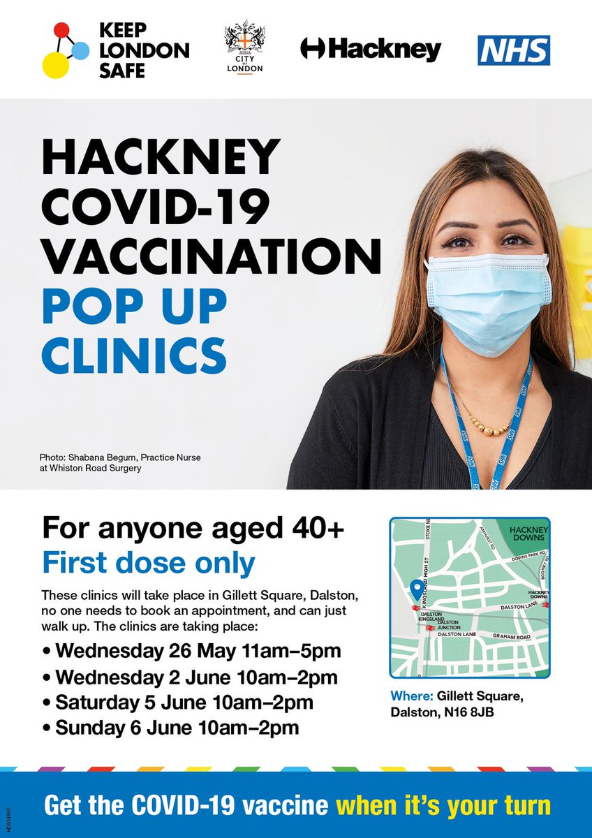 Mobile walk-in pop up Covid-19 vaccination clinics at Gillet Square (N16), Dalston, Hackney. No need to book. FIRST DOSE ONLY.
