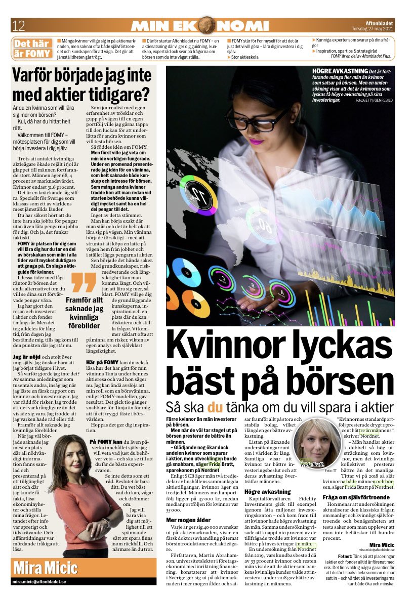 Heja <a href="/Aftonbladet/">Aftonbladet</a> som peppar kvinnor att börja investera i ny satsning! 👏👏 Antalet kvinnor som investerar ökar, men utvecklingen kan gå snabbare. I dagens Aftonbladet:
