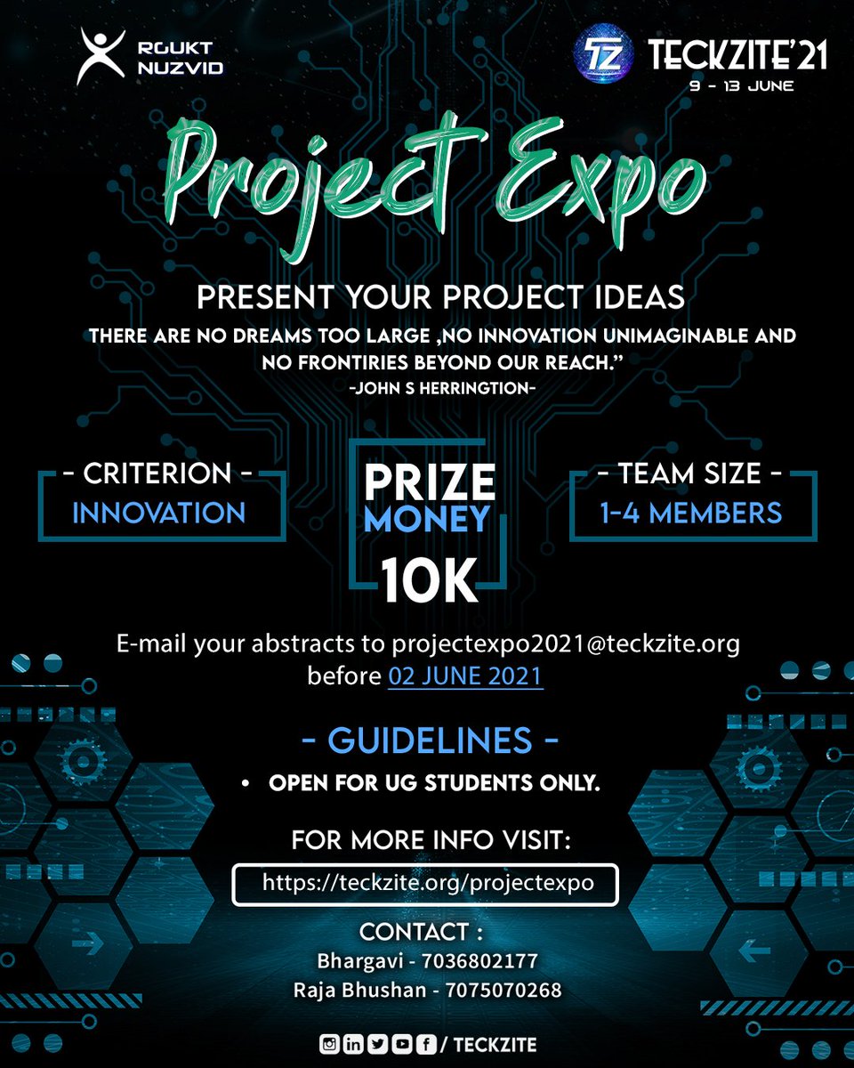 teckzite's tweet photo. Be ready to present your project ideas #ProjectExpo
Be prepared with your abstracts, registrations will be opened shortly.
For more info visit https://t.co/UI9m1fcC1O
#techfest #teckzite #teckzite21 #technicalfest #technology #science #projects #internships #placements https://t.co/d6563yhVqF