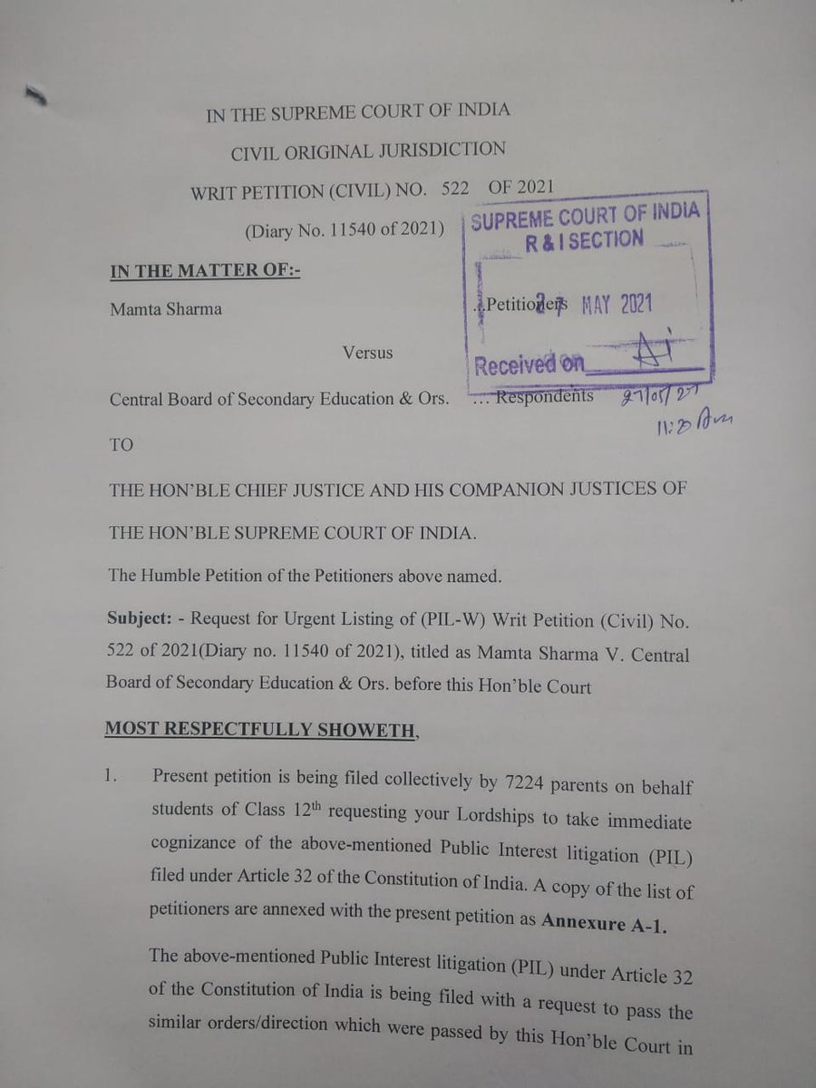 AdvMamtaSharma's tweet photo. 7224 Parents has moved a collective representation before Hon'ble Chief Justice of India for urgent listing in PIL filed for Cancellation of Class 12th Board examinations.@court_india @LiveLawIndia @aajtak @ndtv https://t.co/wHMF6yUMHM