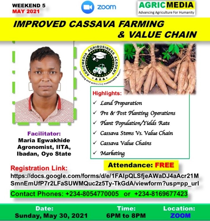 AgribizAcademy's tweet photo. Agribusiness trainings in line with members and public's demands.

Free Trainings:
1. Improved Cassava Farming &amp; Value Chain 
Date: Sunday, May 30, 2021
Cost: Free

2. Introduction to Aquaculture 
Date: Saturday, June 5, 2021
Cost: Free

Venue: Zoom Meeting 

1/2 https://t.co/fzoAPkZyao