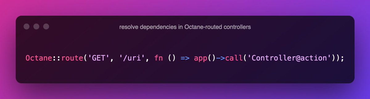 cerbero90's tweet image. Bindings are not resolved automatically when routing with Octane.

However we can simulate the classic @laravelphp routing by calling a controller action through the container.

#LaravelOctane #laravel #php