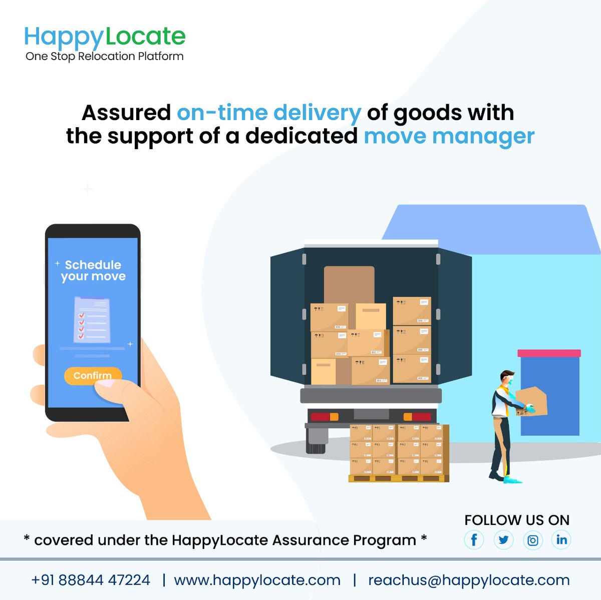 HappyLocate's tweet photo. Our #HappyLoacte Assurance Program not only insures goods but also assures an outstanding moving experience, exclusively for you.
#happylocateassuramnceprogram #happylocate #moversandpackers #onestoprelocation #hasslefreerelocation #relocationmadeeasy https://t.co/o4J75YWIM5