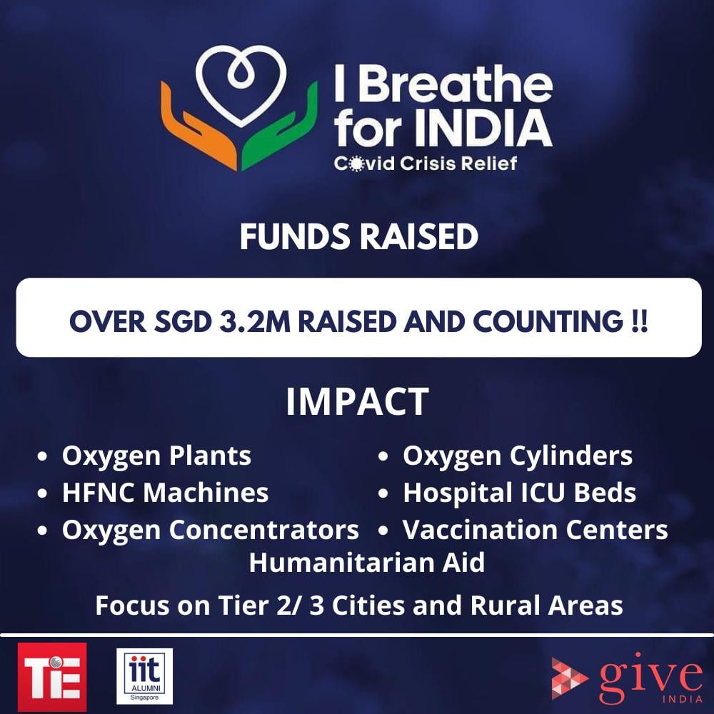 TiE Singapore (@tiesingapore) on Twitter photo S$3M in 3 weeks.
We are grateful to see how people from across the world have rallied together to help the people of India as part of our #IBreatheForIndia initiative, in partnership with
<a href="/LaraDutta/">Lara Dutta Bhupathi</a>, <a href="/shayamalv/">Shayamal</a>; our seed donor, <a href="/vkhosla/">Vinod Khosla</a>, <a href="/IITAAS/">IIT Alumni Singapore</a> and <a href="/GiveIndia/">Give</a>! S$3M in 3 weeks.
We are grateful to see how people from across the world have rallied together to help the people of India as part of our #IBreatheForIndia initiative, in partnership with
<a href="/LaraDutta/">Lara Dutta Bhupathi</a>, <a href="/shayamalv/">Shayamal</a>; our seed donor, <a href="/vkhosla/">Vinod Khosla</a>, <a href="/IITAAS/">IIT Alumni Singapore</a> and <a href="/GiveIndia/">Give</a>!
