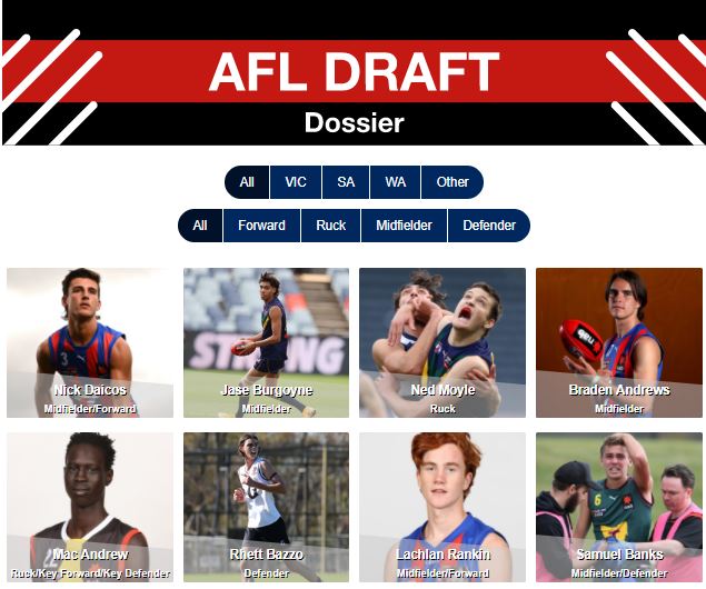 📈 Profiles, stats, scouting reports and more!

Stay up to date with the latest draft intel with our AFL Draft Dossier, featuring more than 30 draft prospects from across the country.

👉  bit.ly/3bWVmP8

<a href="/chriscavanagh1/">Chris Cavanagh</a> <a href="/mattturner1986/">Matt Turner</a> <a href="/jordanpint0/">Jordan Pinto</a>