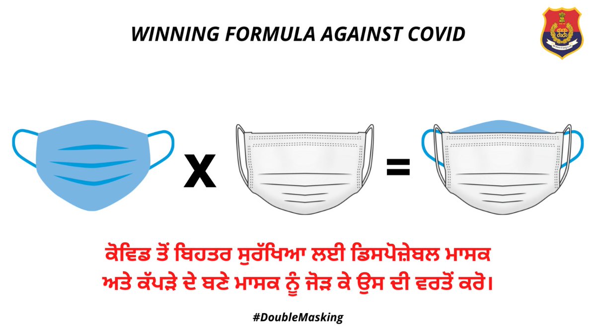 PunjabPoliceInd's tweet image. Wear a combination of Disposable mask &amp;amp; cloth mask for better protection against COVID #StayHomeStaySafe #DoubleMasking