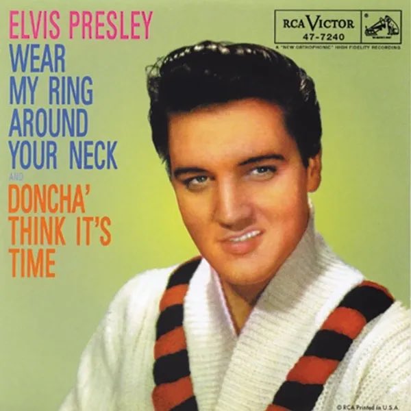 Today in 1958, #ElvisPresley’s #WearMyRingAroundYourNeck was riding high, peaking at #3 Billboard Top 100 Best Sellers In Stores, #3 On Billboard’s Jukeboxes, & #4 On Billboard’s Jockeys lists.

#Elvis’s B-side #DonchaThinkItsTime also peaked at #15 on the Billboard Jockeys list.