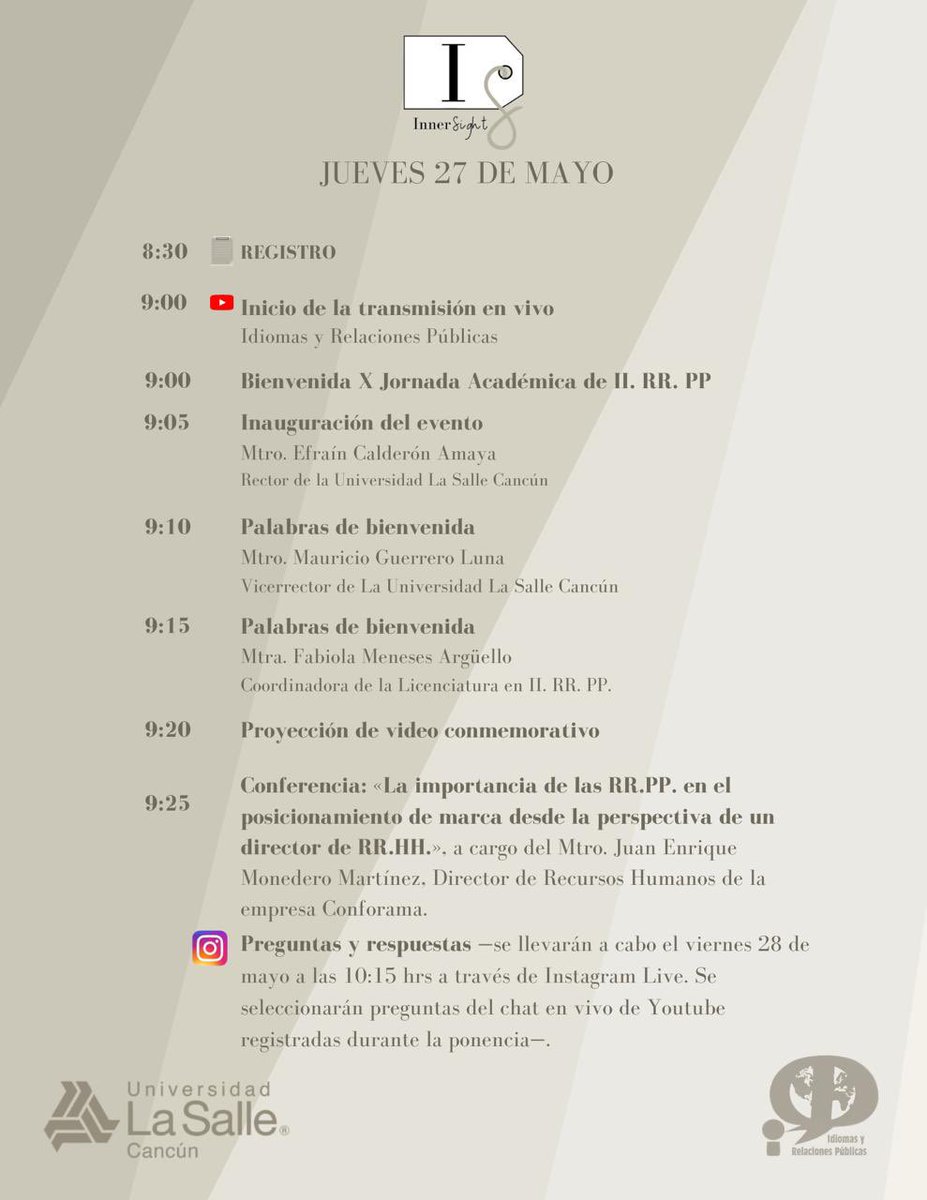 IRPLaSalle's tweet photo. Conoce el programa que Inner Sight trae para ti, no te puedes perder las ponencias de estas tres grandes personalidades en el ámbito de las Relaciones Públicas, shows culturales y muchas sorpresas más que podrás presenciar este 27 y 28 de mayo.
#BeInnerSight⚜️ https://t.co/sR17PGeUgE