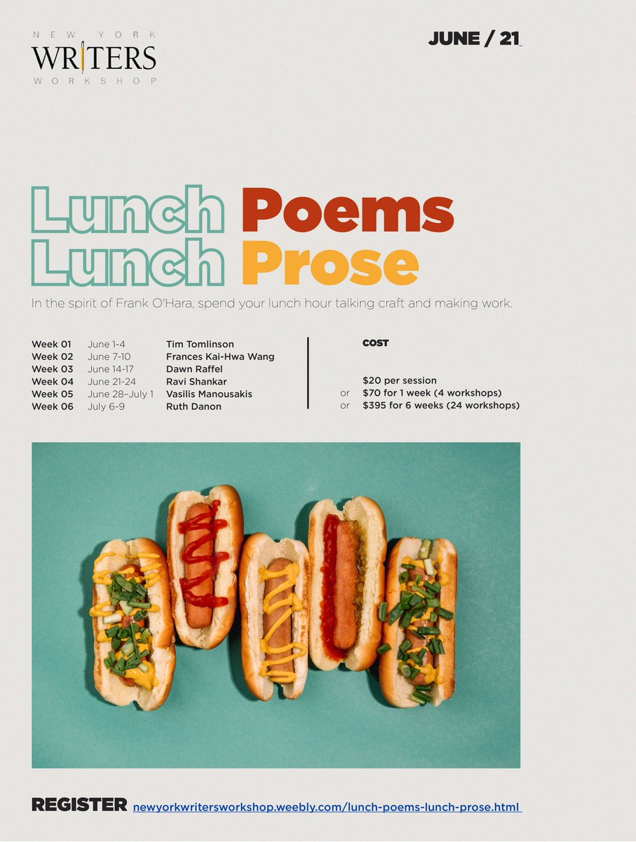 Channel your inner Frank O’Hara and join us for six weeks of lunch writing sessions taught by NYWW faculty. Sessions start June 1. Register now at newyorkwritersworkshop.weebly.com/lunch-poems-lu…. For any questions, email newyorkwritersworkshop@gmail.com.