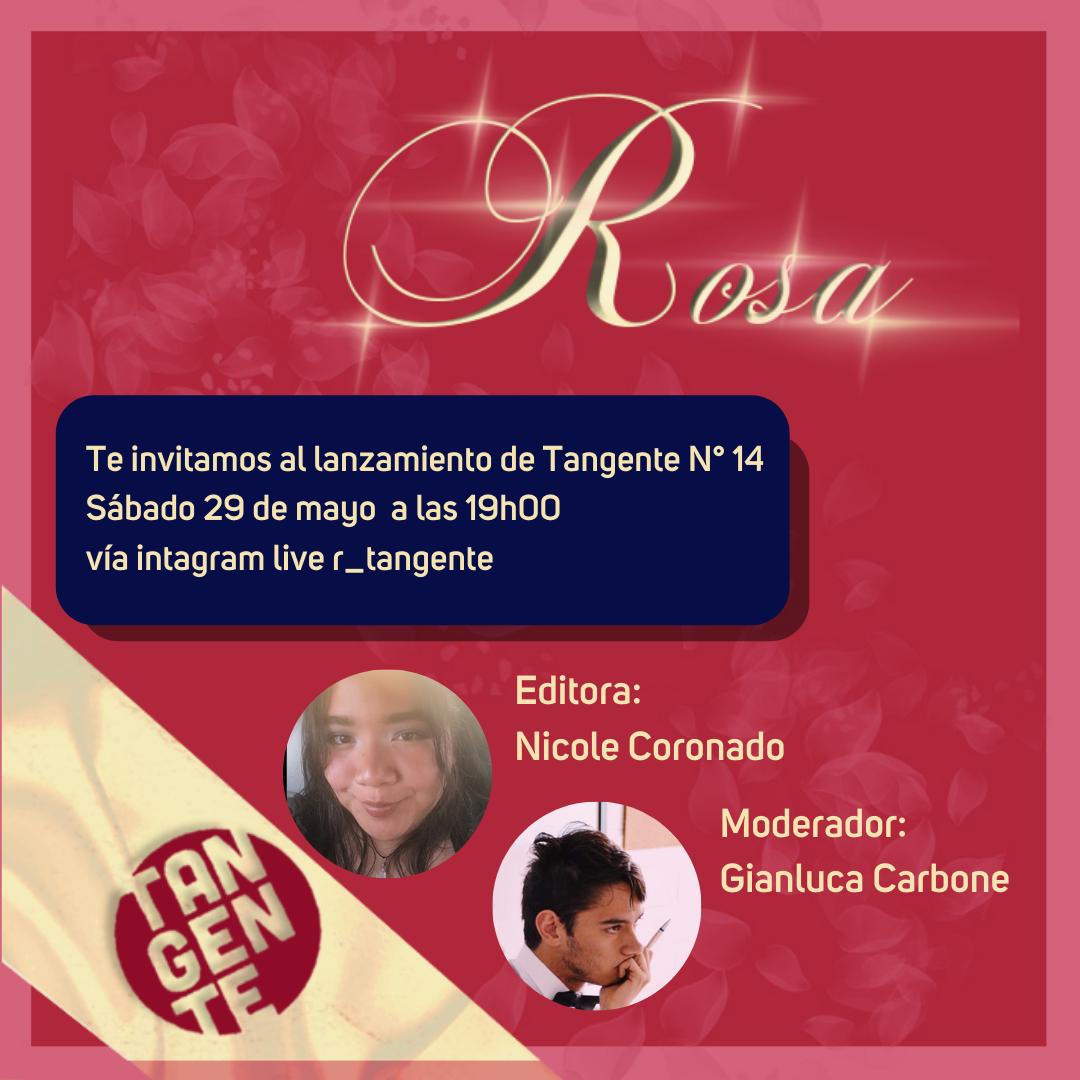 #ATENCIÓN Se viene el lanzamiento de nuestro próximo número Tangente N°14 Rosa.  Esta edición recorre los afectos desde una visión crítica de la heteronorma y las telenovelas ¿Cómo nos enseñaron a amar?

 Este sábado 29 de mayo a las 19H00 en nuestro instagram @r_tangente ⚘🥂