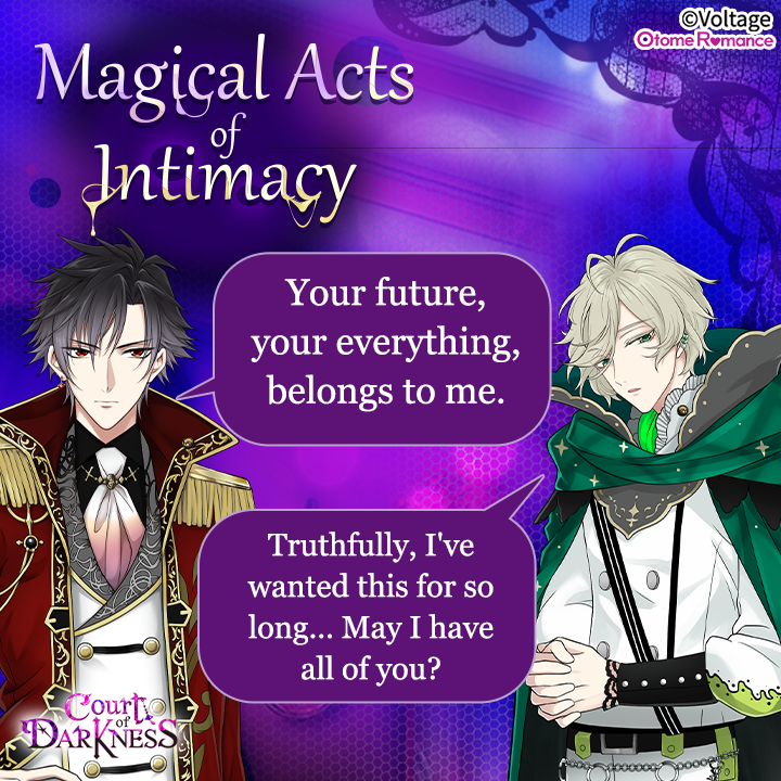 CourtDarkness's tweet photo. Guy: Magical Acts of Intimacy Part 2 will arrive tomorrow. Ready yourself.
Lynt: One day left. The only thing worth staying up for.
Magical Acts of Intimacy Part 2 is coming very soon! Stay tuned!๐๐ฎ
#VoltageInc #CoD #CourtofDarkness #Otome #StoryEvent https://t.co/VENg6tNjLk