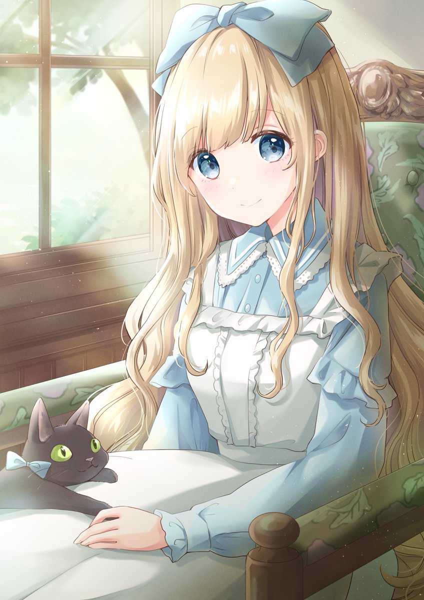 1girl long hair blonde hair blue eyes cat apron smile  illustration images