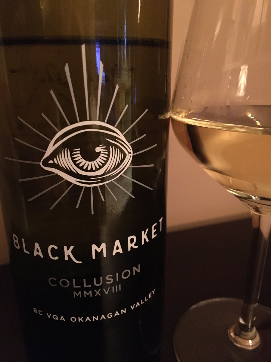 #WIMG <a href="/blackmarketwine/">Black Market Wine Co</a> Collusion MMXVIII. Sauv Blanc lends crisp acidity, balanced by 25% Sémillon, adding roundness to the palate. Flavours of grapefruit, gooseberry, melon &amp; lemon zest, w/ subtle savoury notes &amp; hints of salinity. An elegant &amp; enjoyable quaff! #BCWineChat