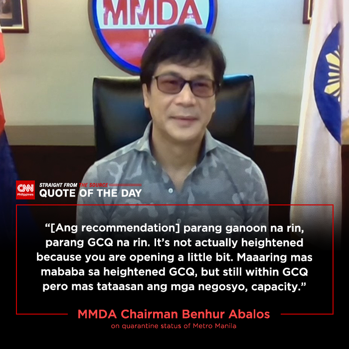 newswatchplusph's tweet photo. #TheSource: As COVID-19 cases continue to drop, MMDA Chairman Benhur Abalos says Metro Manila mayors want to further ease restrictions next month by opening more businesses and increasing their capacity, while still under GCQ.

A 10pm to 4am curfew will still likely be imposed. https://t.co/Q2ZLrYbvgK