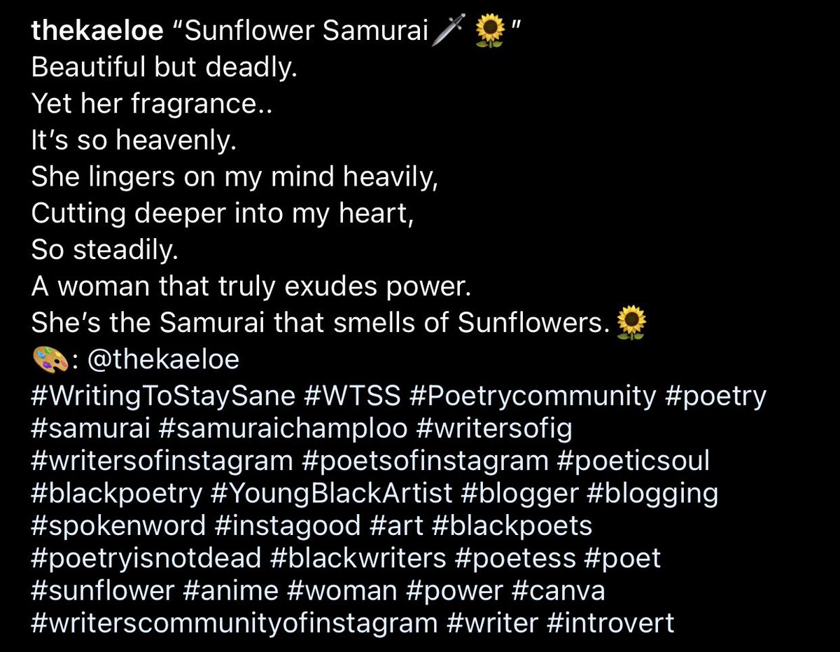 KaeLoe's tweet photo. Just wrote this.
Thought of my Anime family!🌹

“Sunflower Samurai🌻”
#WritingToStaySane #Anime #Poetry #Poet #SamuraiChamploo #RT 🙏🏾 https://t.co/dat0gxzssA