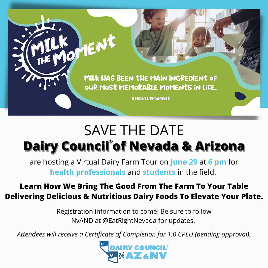 EatRightNevada's tweet photo. Save the date for a Virtual Dairy Farm Tour with the Dairy Council of Nevada and Arizona! @nevadamilk https://t.co/RYly4udOEL