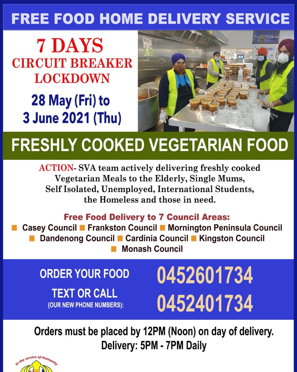 AustraliaSikh's tweet image. Following today's announcement, Sikh Volunteers Australia team will commence Free Food Home Delivery service to the 7 Council areas daily during the 7 days 'CIRCUIT BREAKER' lockdown period from tomorrow. If anyone need food assistance from any other area please feel free to call