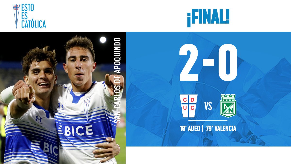 Cruzados's tweet photo. ¡𝐅𝐈𝐍𝐀𝐀𝐀𝐀𝐋! ¡𝐘 𝐀 𝐎𝐂𝐓𝐀𝐕𝐎𝐒 𝐃𝐄 𝐅𝐈𝐍𝐀𝐋! ✊

#LosCruzados vencimos 2-0 a @nacionaloficial, ¡y hemos clasificado a la siguiente fase de la CONMEBOL #Libertadores! 💪

⚽ Luciano Aued
⚽ Diego Valencia

Vamos Católica, ¡unidos y fuertes por más! ⚪🔵 https://t.co/qVAbzuS24F